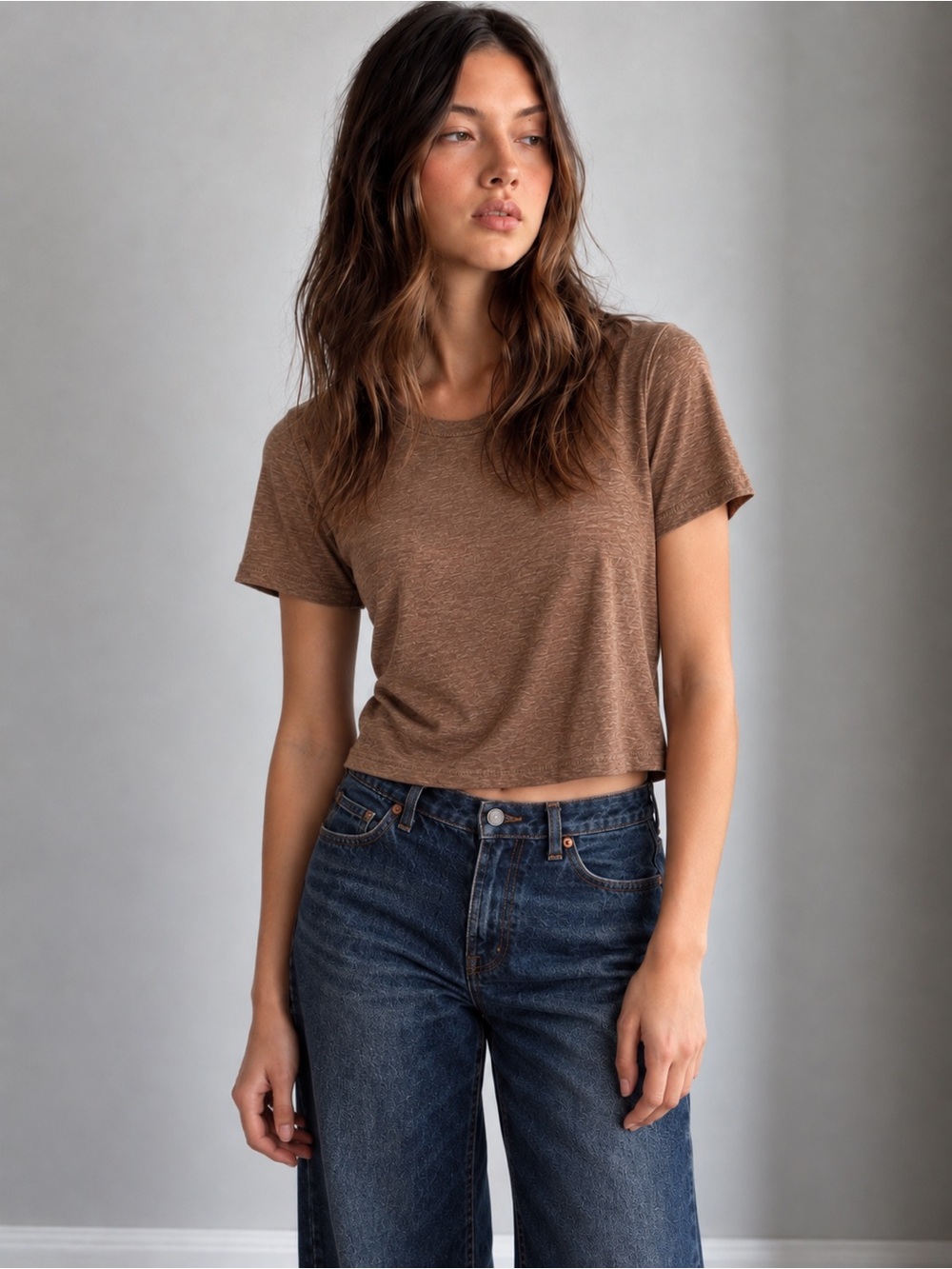 Aritzia Talula Cropped Brown T-Shirt Cotton Modal Blend Size XXS Fall Basic Tee